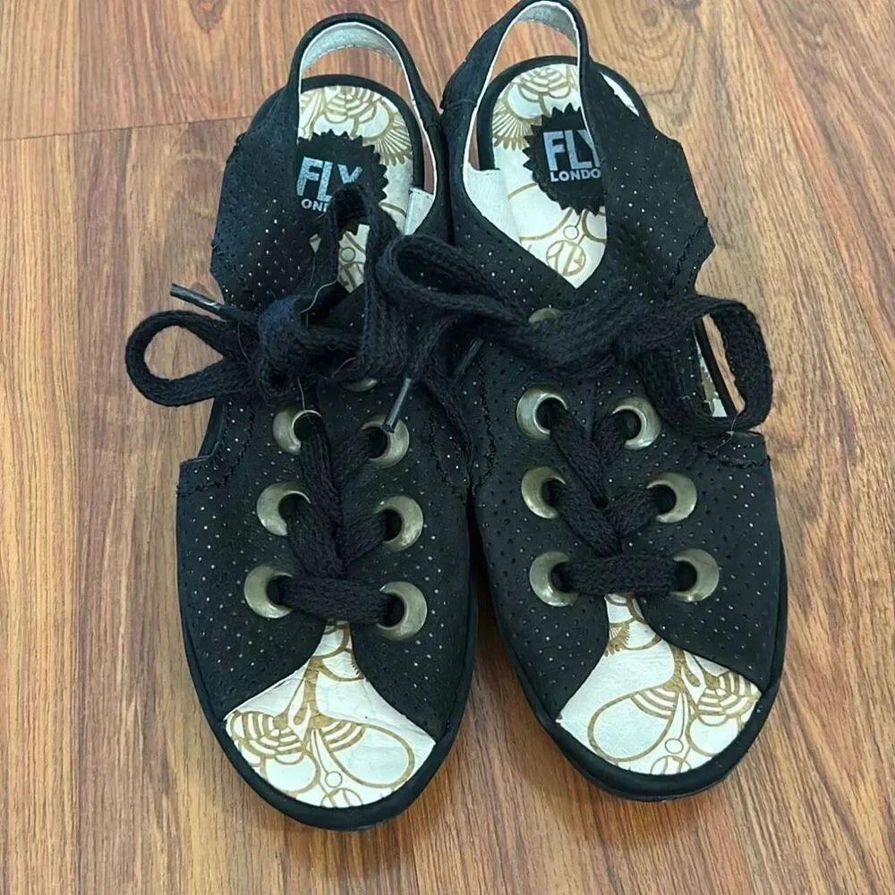 FLY London Yuta black perforated leather lace up open toe wedges sandal size 38